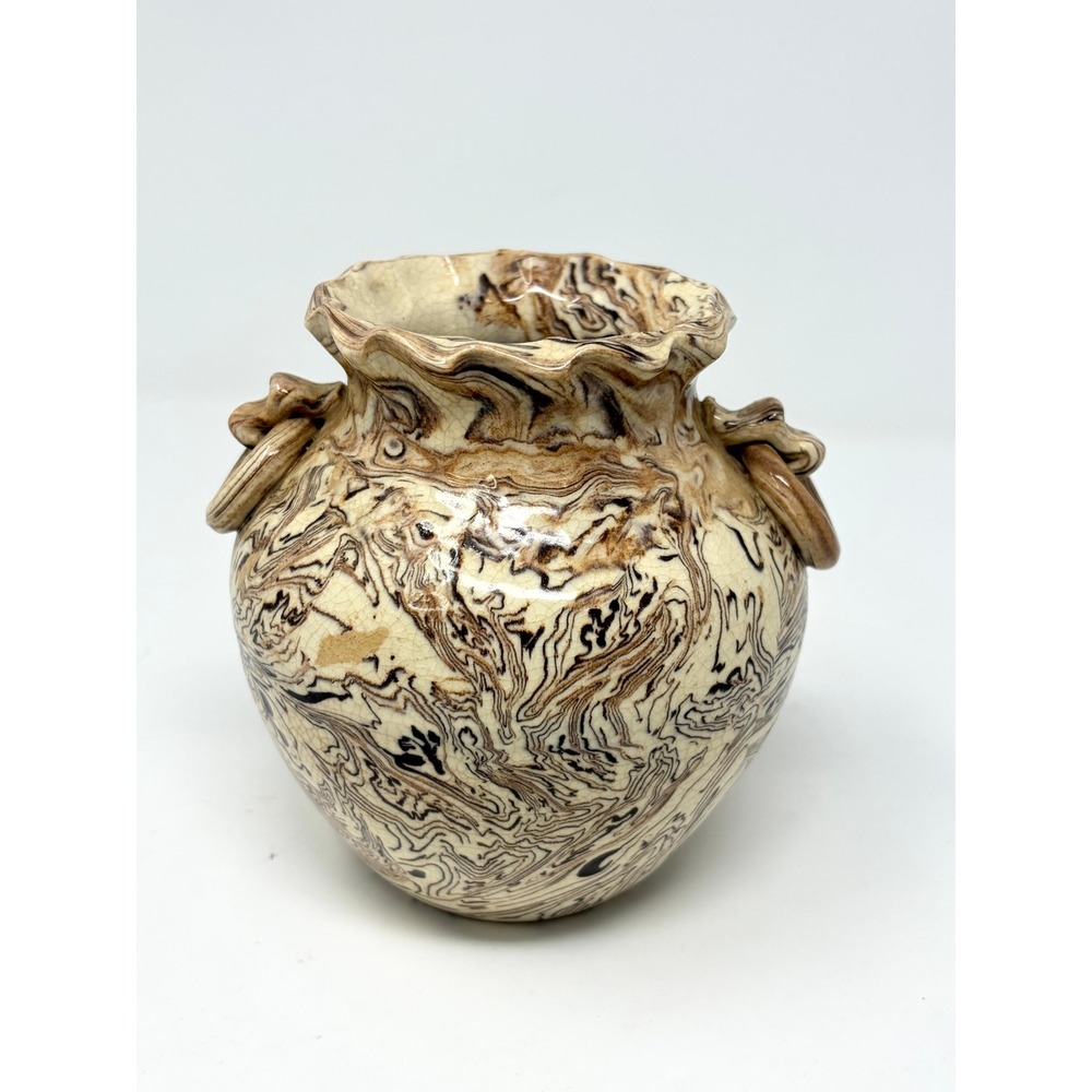 Japanese Nerikomi Neriage Marbled Agateware Pottery Vase with Ring Handles 5.5"